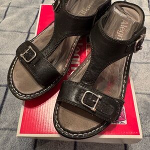 Alegria Black Leather Sandals with Silver Buckles